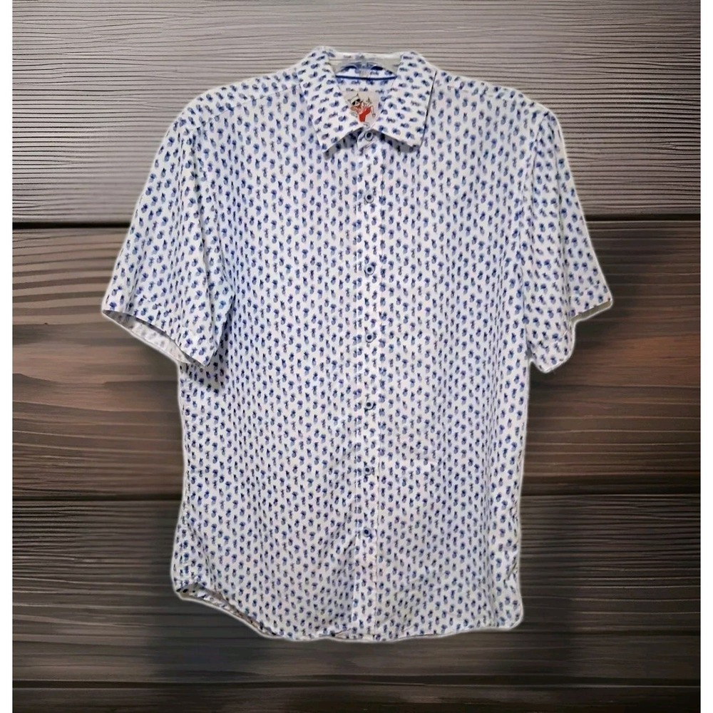 Marti Kat Floral Men's Short Sleeve Hawaiian Shirt Button-Down Blue White Sz M